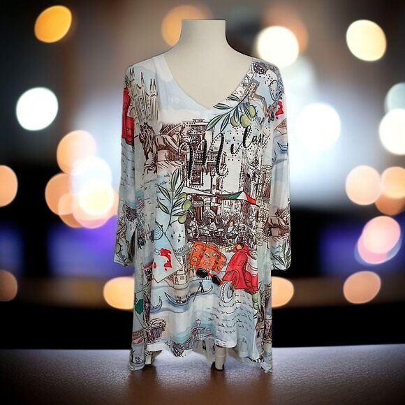 One World Graphic Tunic Top 1X Milan Artsy Plus Size Bling Asymmetric Sublimated - Picture 11 of 16